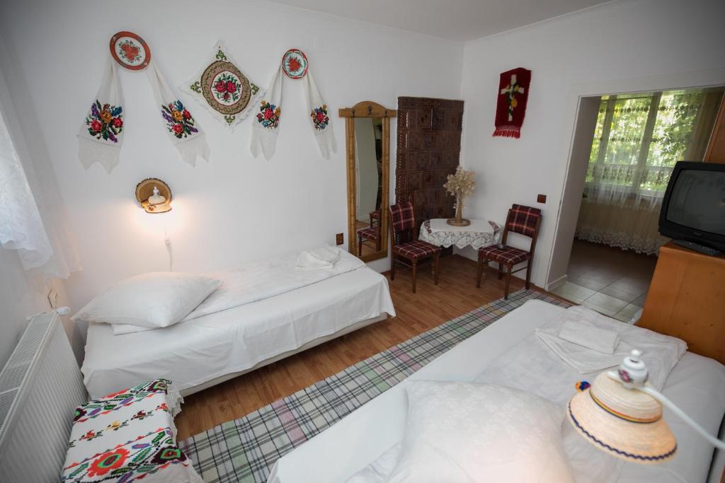 a living room with a bed and a tv at ILEANA Săpânța in Săpânța
