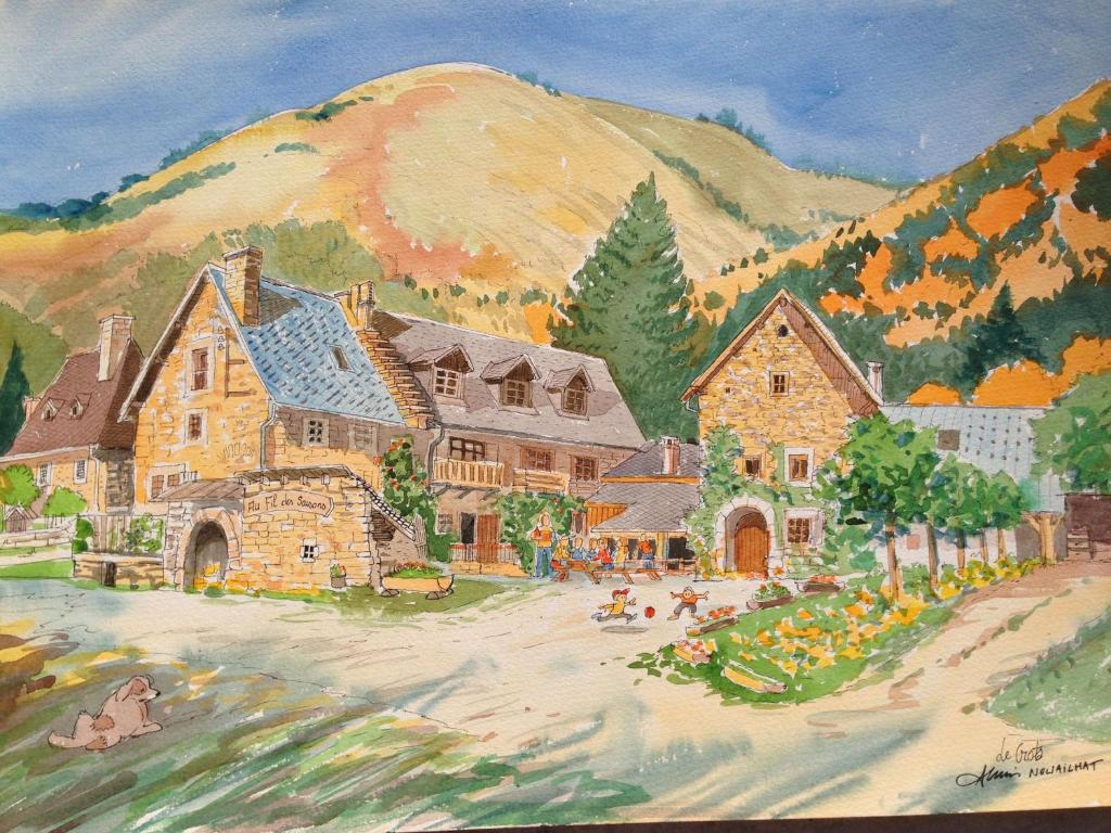 a painting of a village with a mountain in the background at Au Fil des Saisons in Les Cotes de Corps