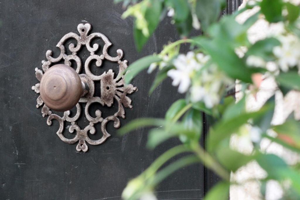 a metal object on a black fence with flowers at La maison d’arles in Arles