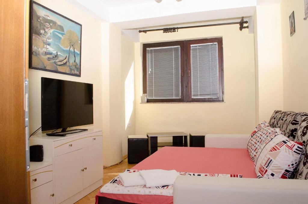 Sala de estar con cama y TV en Voska Gradska Plaza, en Ohrid