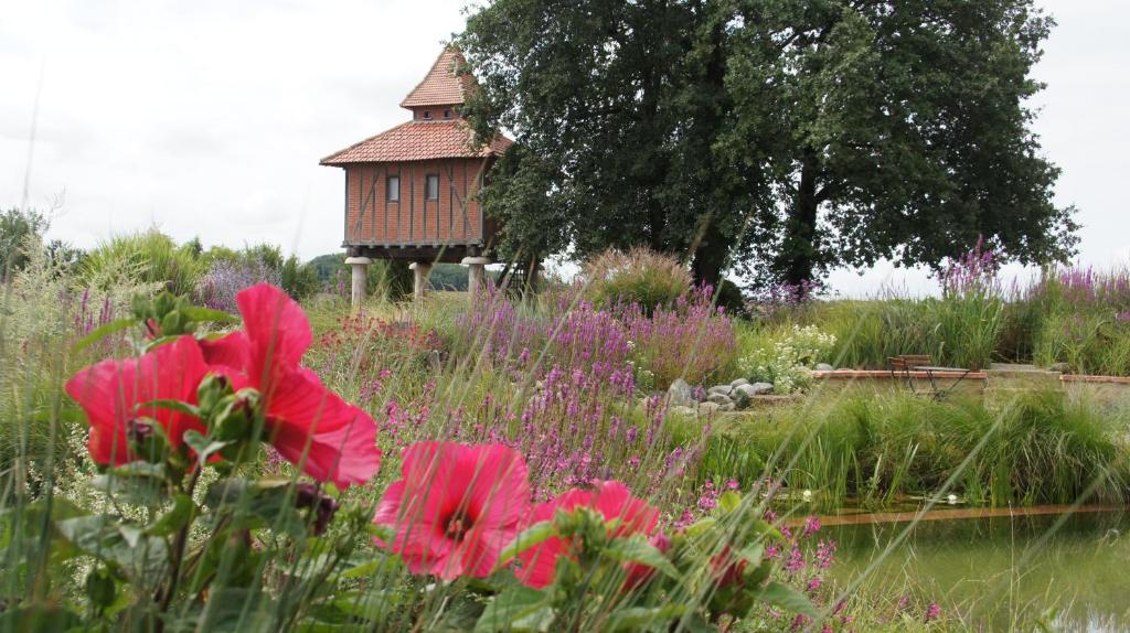 un champ de fleurs avec une maison en arrière-plan dans l'établissement Chambre d'hôtes insolite dans un pigeonnier à 5 minutes de Marciac Gers, à Monlezun