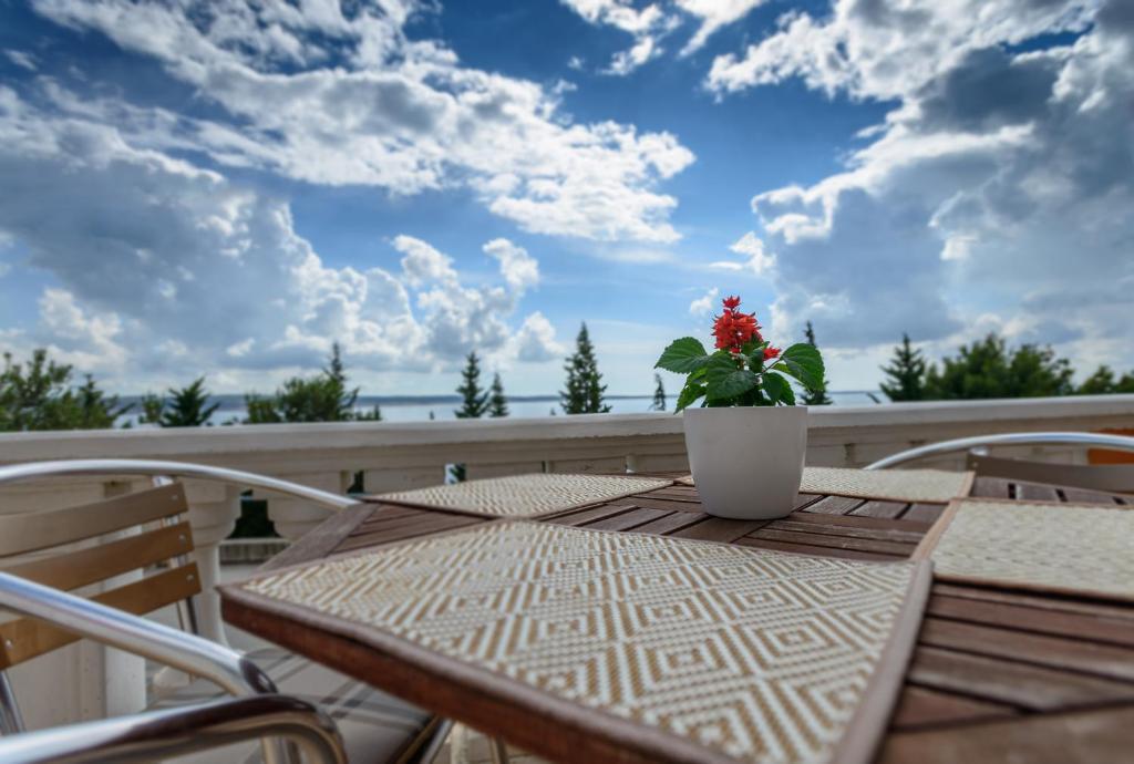 een tafel met een potplant op een balkon bij Apartments Maris in Starigrad-Paklenica