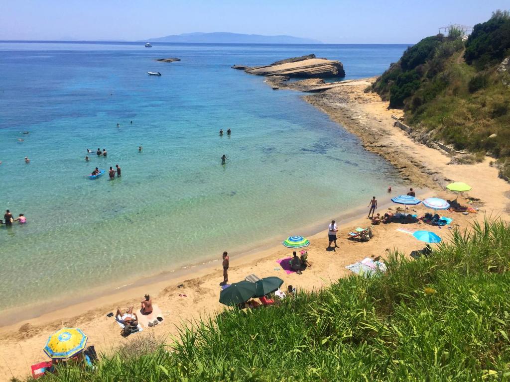 un gruppo di persone su una spiaggia in acqua di Kefalonia apartments - 2 bedroom apartment in orchard, cute veranda, ground floor a Spartià