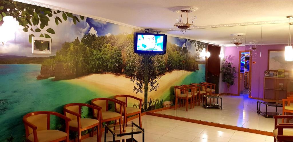Televízia a/alebo spoločenská miestnosť v ubytovaní Hotel Villa