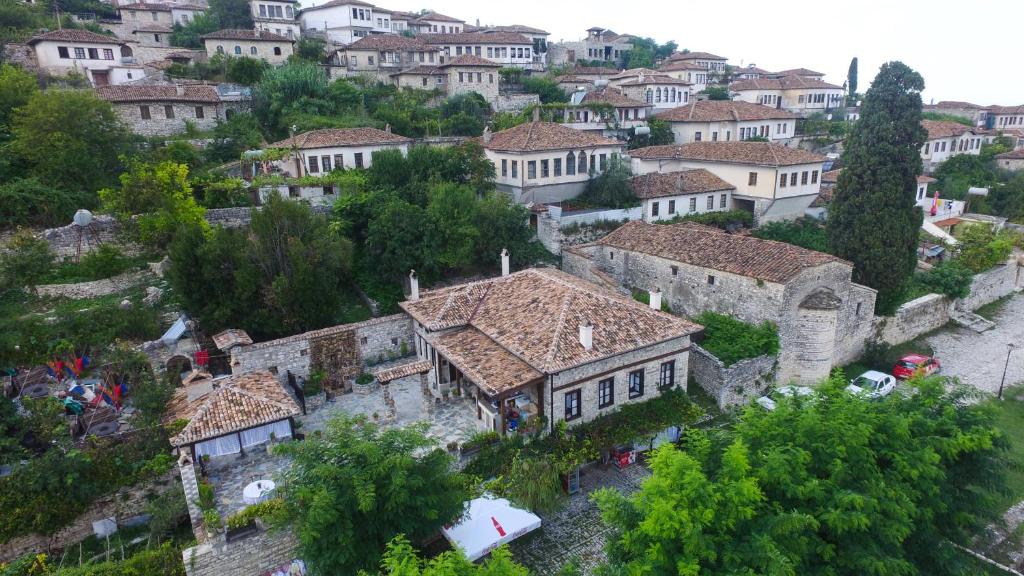 an aerial view of a village with houses at Guest House Iljesa in Berat