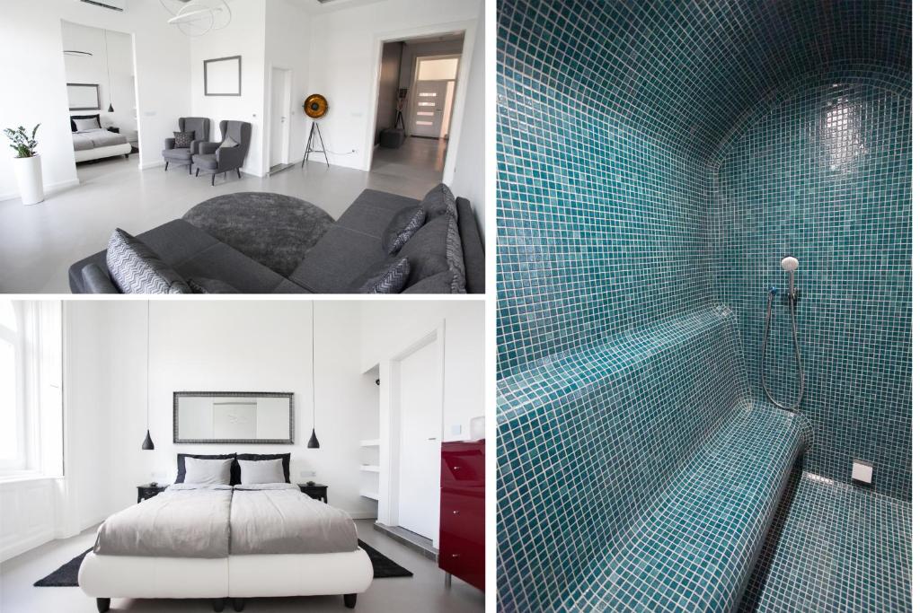 - deux photos d'une chambre et d'un salon dans l'établissement Grand Loft Design, à Budapest