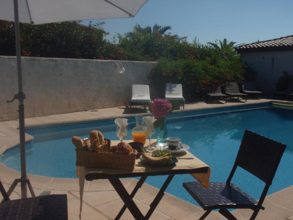 a table with a basket of food next to a pool at Le Jardin d Eden in Sainte-Maxime