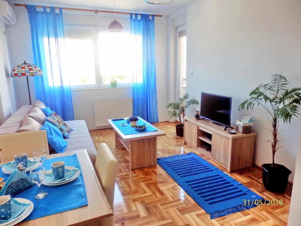 een woonkamer met een bank en een tv bij Apartment Erika in Novi Sad
