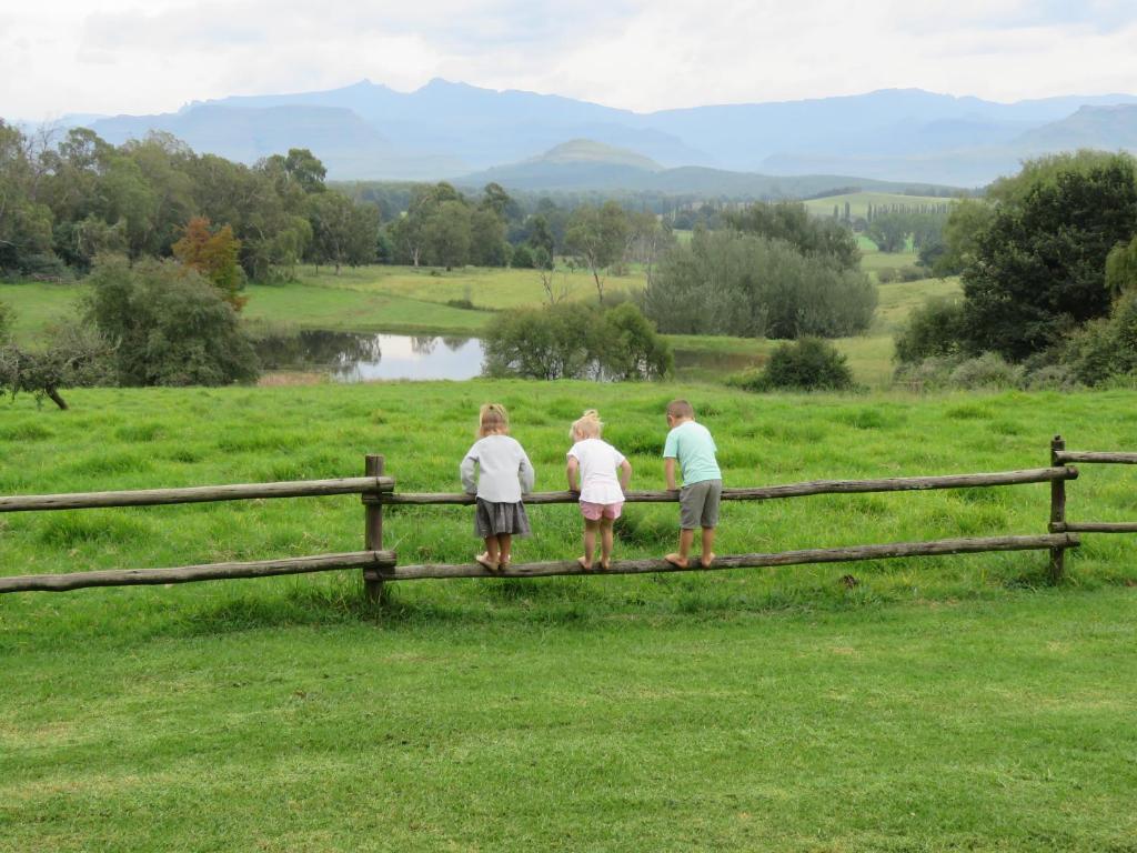 a group of people standing on top of a fence at Old Inchgarth Farmstay in Himeville