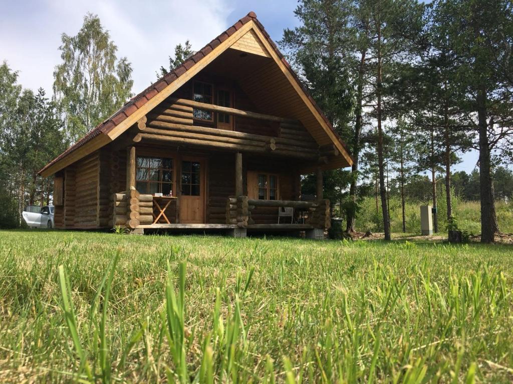 a log cabin in a field of grass at Purje Holiday Home in Heltermaa
