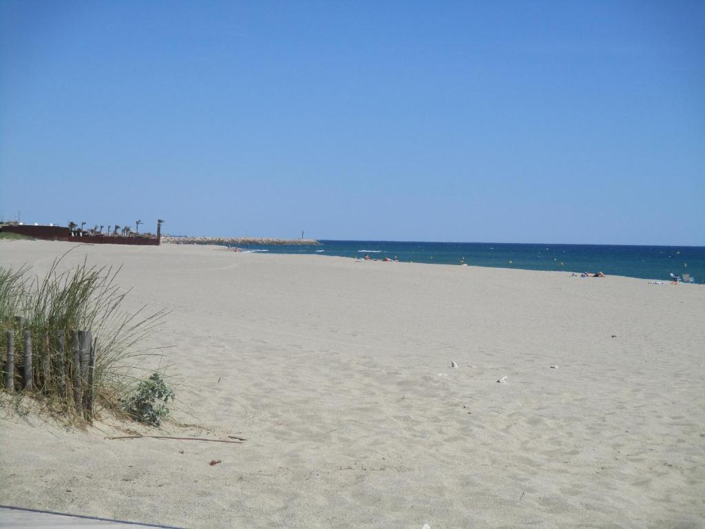 una spiaggia sabbiosa con l'oceano sullo sfondo di Appartement En Bord De Mer avec piscine a Saint-Cyprien
