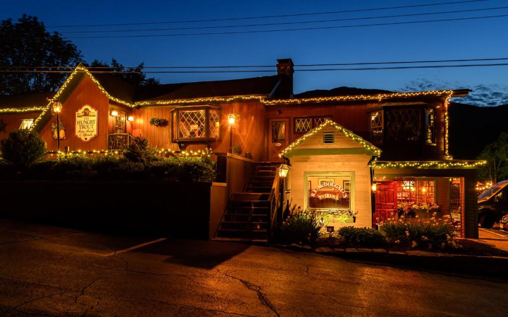une maison décorée de lumières de Noël la nuit dans l'établissement Hungry Trout Resort, à Wilmington