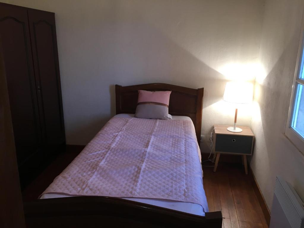 ein Schlafzimmer mit einem Bett mit einer rosa Bettdecke und einer Lampe in der Unterkunft La Maison de Gaston in Saint-Cirgue