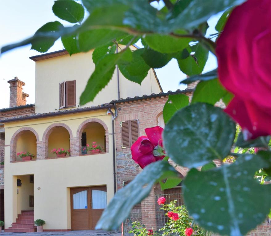 a house with red roses in front of it at La Piccola Loggia in Torrita di Siena