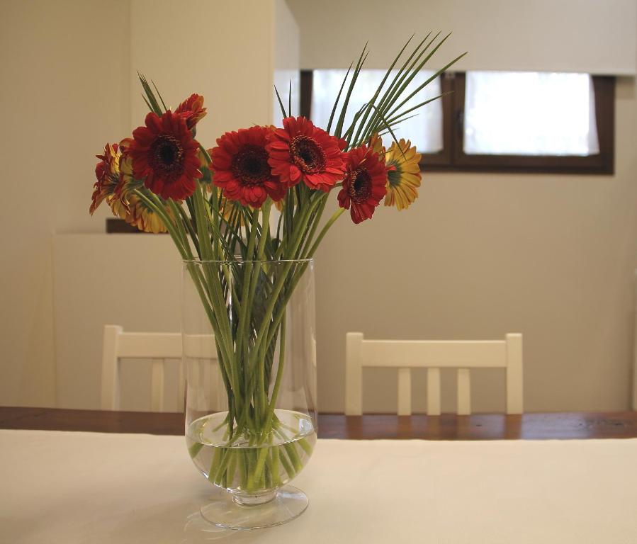サルダラにあるB&B Casa Ollaのテーブルの上に赤と黄色の花瓶