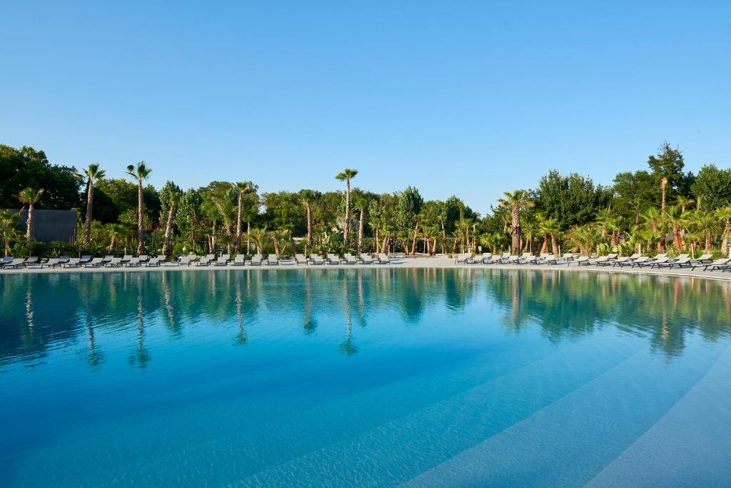 ein großer Pool mit Stühlen und Palmen in der Unterkunft Les Prairies de la Mer in Grimaud