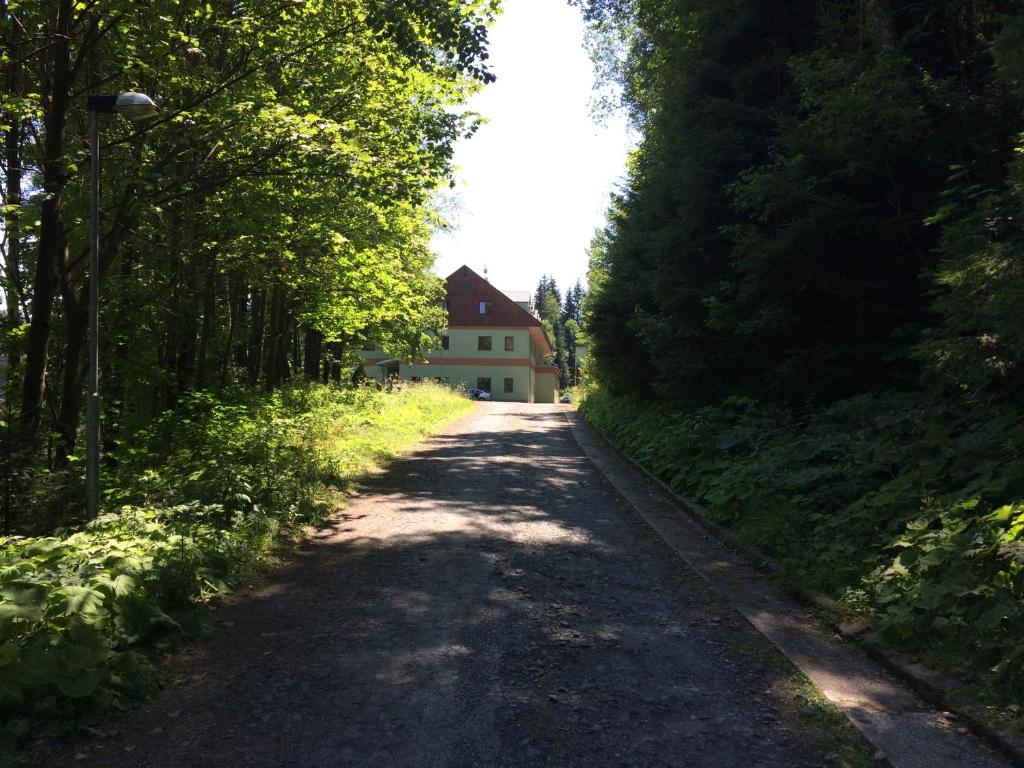 une route vide avec une maison au loin dans l'établissement Apartmán Orbit, à Karlovy Vary