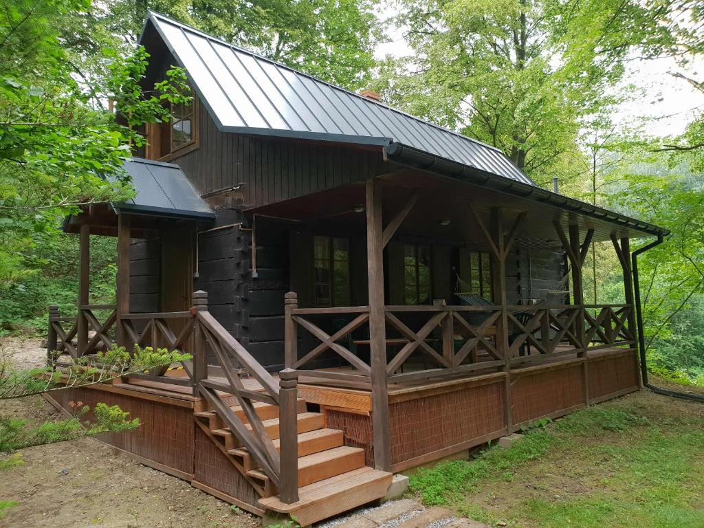 uma cabana de madeira com um alpendre e um telhado em Nad Lipcykiem em Nowy Gaj