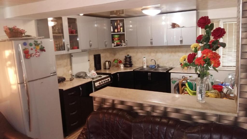 uma cozinha com um frigorífico e um balcão com um vaso de flores em Guest House Luka em Kutaisi