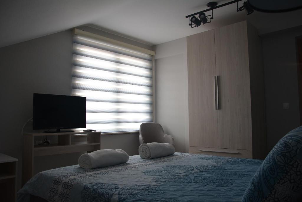 Schlafzimmer mit einem Bett, einem TV und einem Fenster in der Unterkunft City Break in Bitola