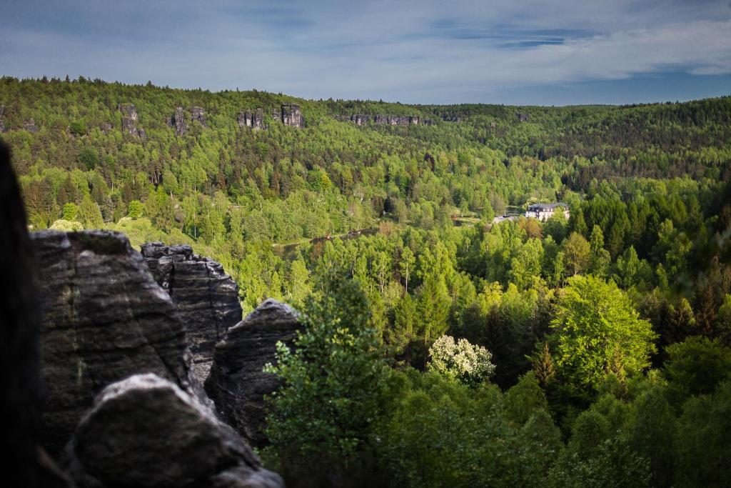 a view from the top of a mountain with trees at Hotel Ostrov in Tisá