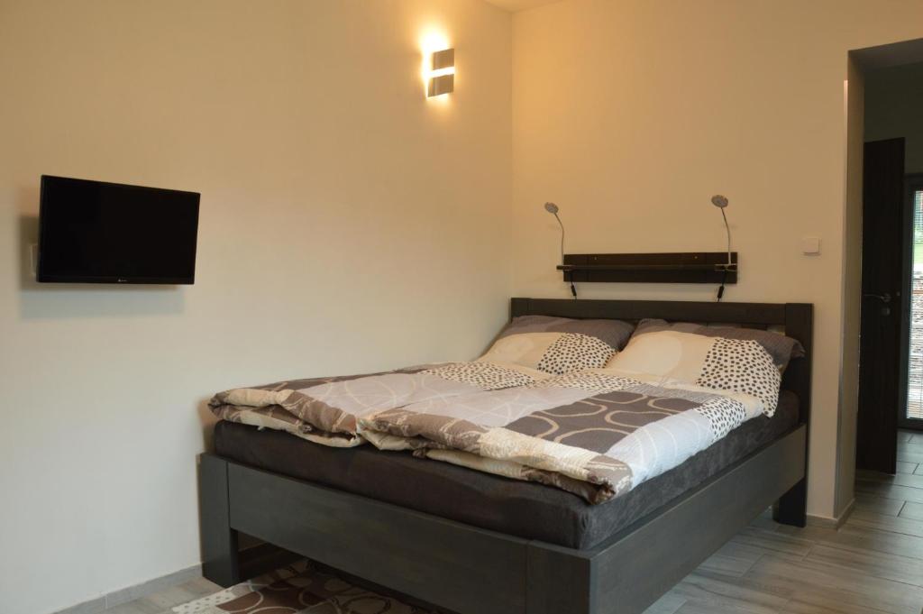 een slaapkamer met een bed en een flatscreen-tv bij Apartmány Polevsko in Polevsko