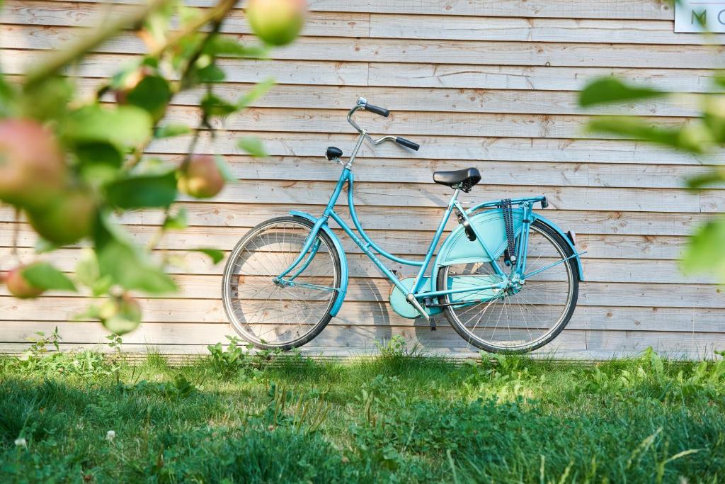 een blauwe fiets geparkeerd naast een muur bij B&B Molenstreek in Groningen