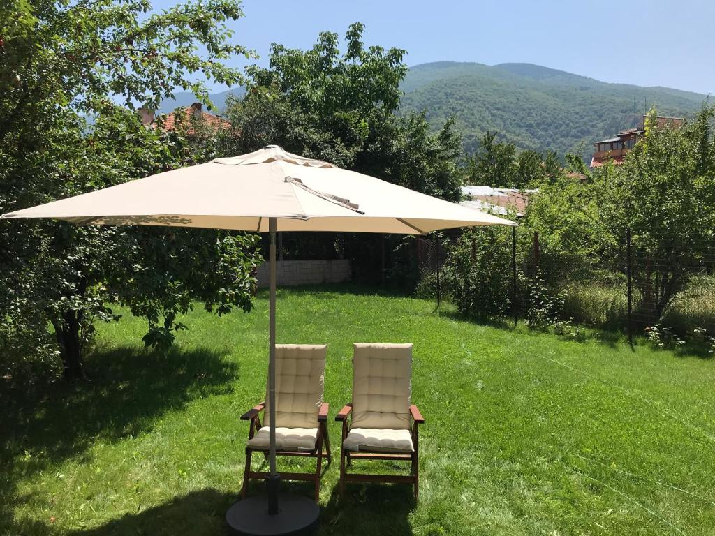 two chairs under an umbrella in the grass at Guest House Vergie in Sapareva Banya