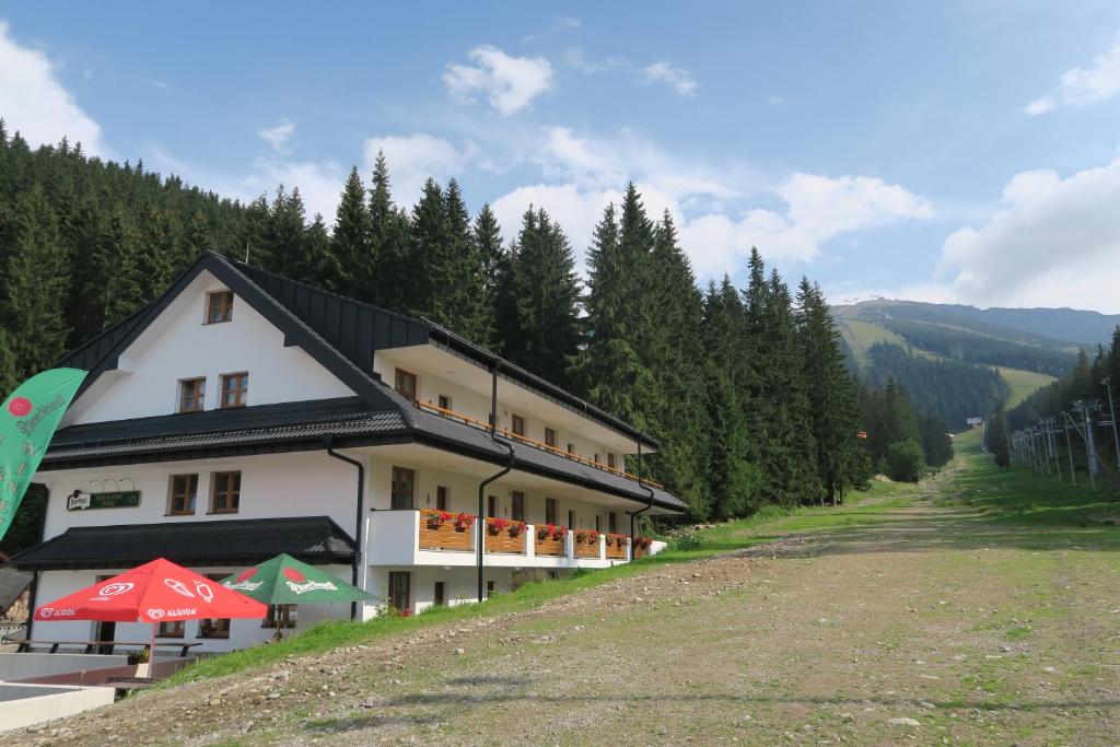 a building on the side of a hill with trees at Apartmany Biela Put - Veverica in Belá