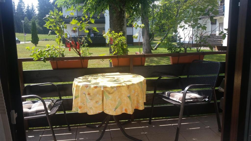 ティティゼー・ノイシュタットにあるFerienwohnung am Titiseeのテーブルと椅子2脚、バルコニー(テーブル、窓付)