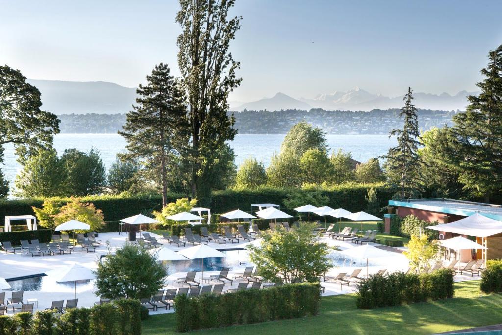 a patio area with a pool, lawn chairs, and trees at La Réserve Genève Hotel & Spa in Geneva
