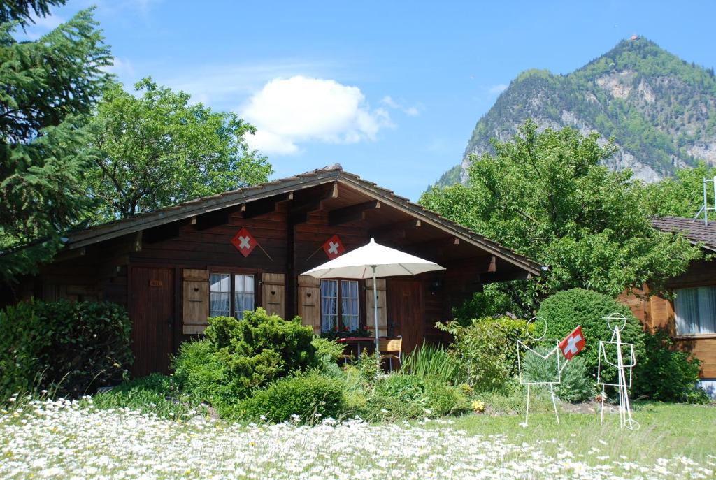 a log cabin with mountains in the background at Salzano Basic Rooms Interlaken in Interlaken