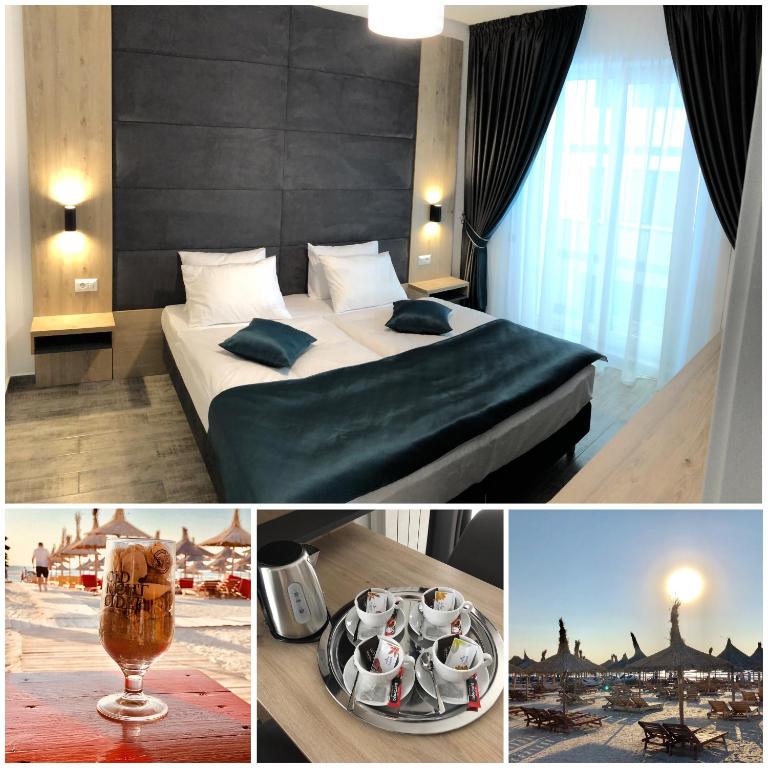 a hotel room with a bed and a table with dishes on it at Apartament Ella C&C Residence in Mamaia Sat/Năvodari