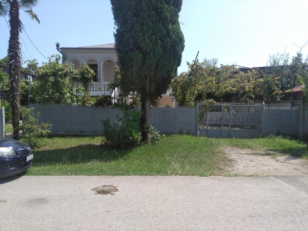 a house with a fence and a tree in a yard at Дом под ключ у моря in Gudauta