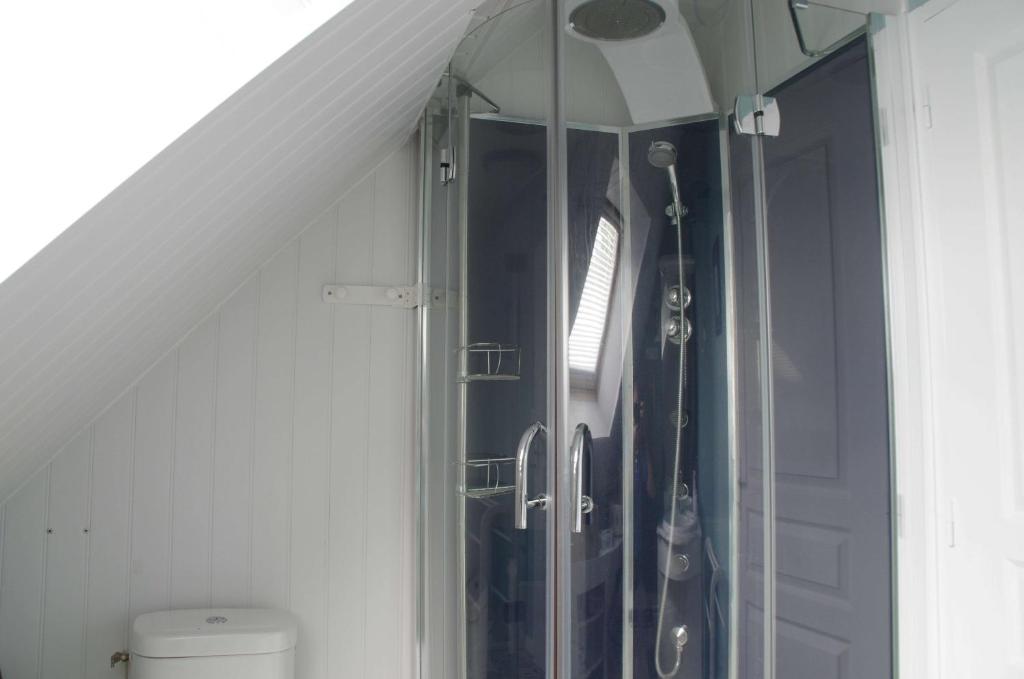eine Glasdusche im Bad mit WC in der Unterkunft La Parquerie in Orval
