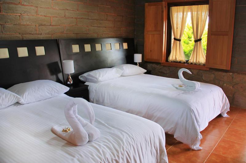2 Betten mit Schwänen in einem Hotelzimmer in der Unterkunft HOTEL Y CABAÑAS MOUNTAIN LODGE in Zacatlán