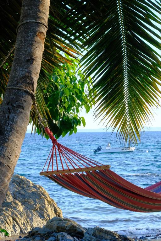 a hammock hanging from a palm tree on the beach at Coco Komba Lodge in Nosy Komba