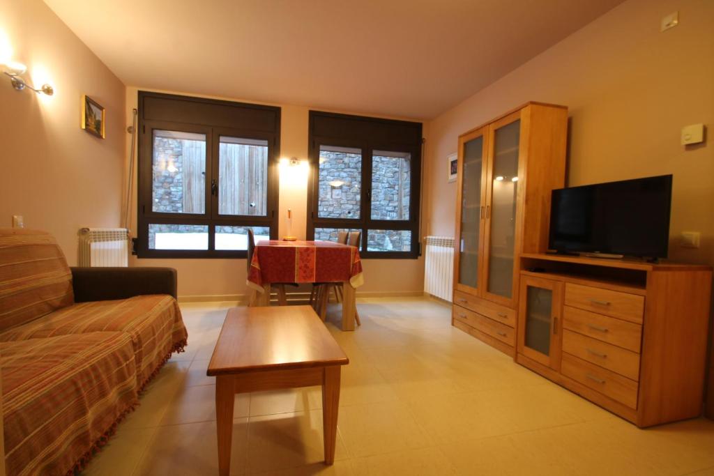 a living room with a couch and a tv at Salze, Canillo, Zona Grandvalira in Canillo