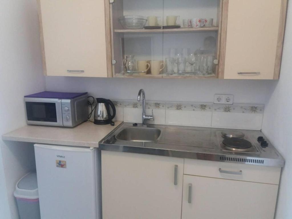 una pequeña cocina con fregadero y microondas en Villa Espero, en Trogir