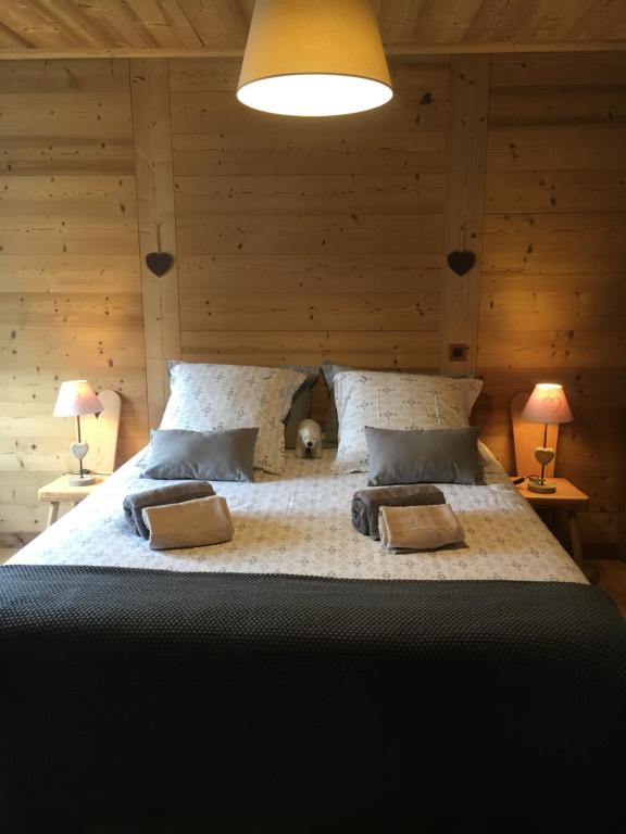 a bedroom with a large bed with two lamps at Gite l'Ancolie in Marignier