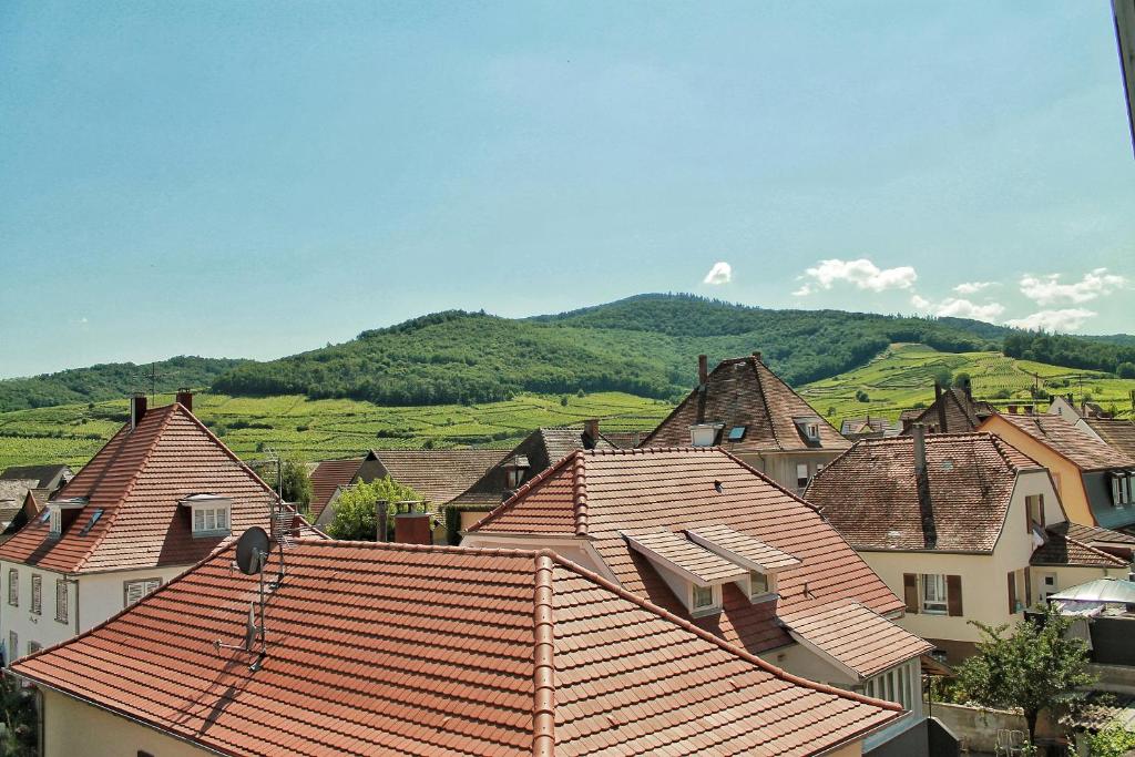 a group of roofs of houses with hills in the background at Aux 6 hirondelles in Ammerschwihr