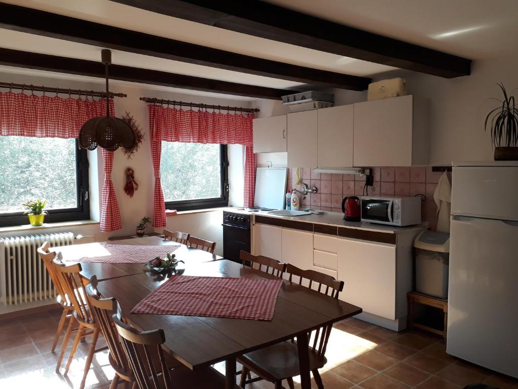uma cozinha com mesa e cadeiras num quarto em Pension u Adršpachu - Dana Tyšerová em Janovice