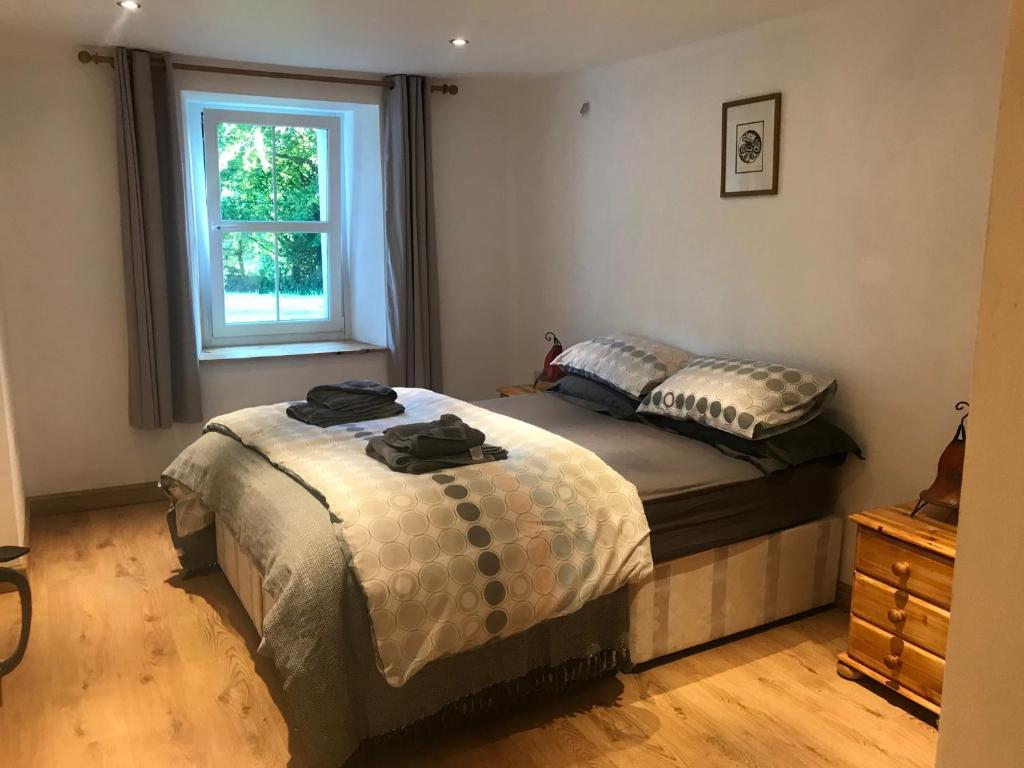 een slaapkamer met een bed en een raam bij Plas Eryr apartment in Caernarfon
