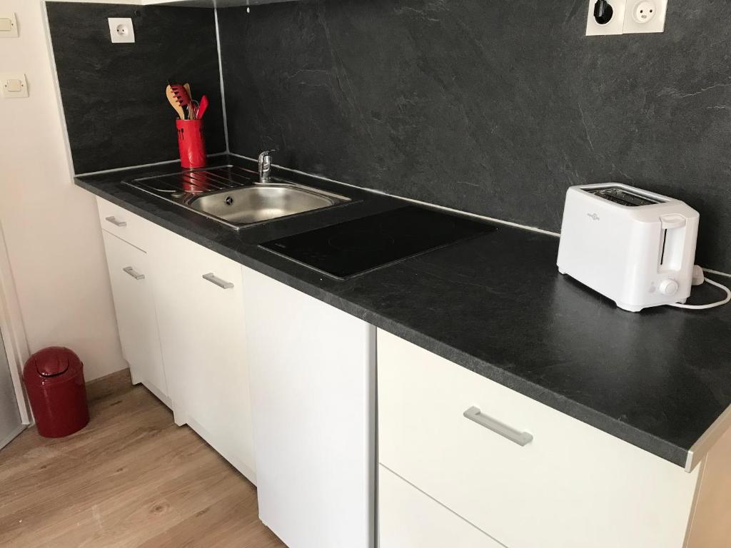 a kitchen counter with a sink and a toaster at Lumineux T2 Vieille ville 3 pers parking gratuit - by La Source d&#39;OrFée in Boulogne-sur-Mer