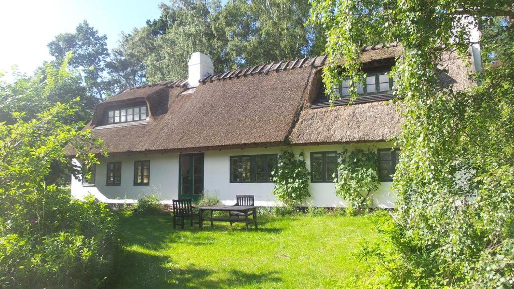 a white house with a bench in the yard at BILLE's HUS in Tisvildeleje