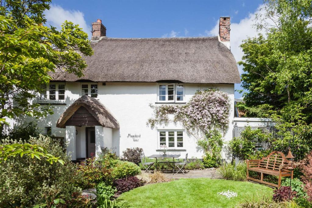 a white cottage with a thatched roof at Moorland View Cottage in North Bovey