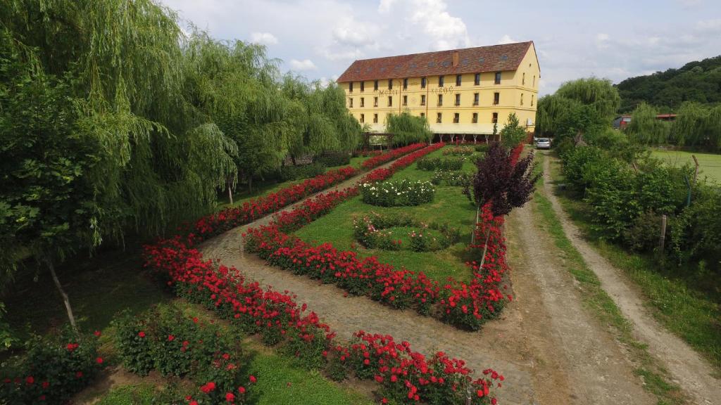 un jardin avec des fleurs rouges devant un bâtiment dans l'établissement Hanul Moara cu Noroc, à Ineu