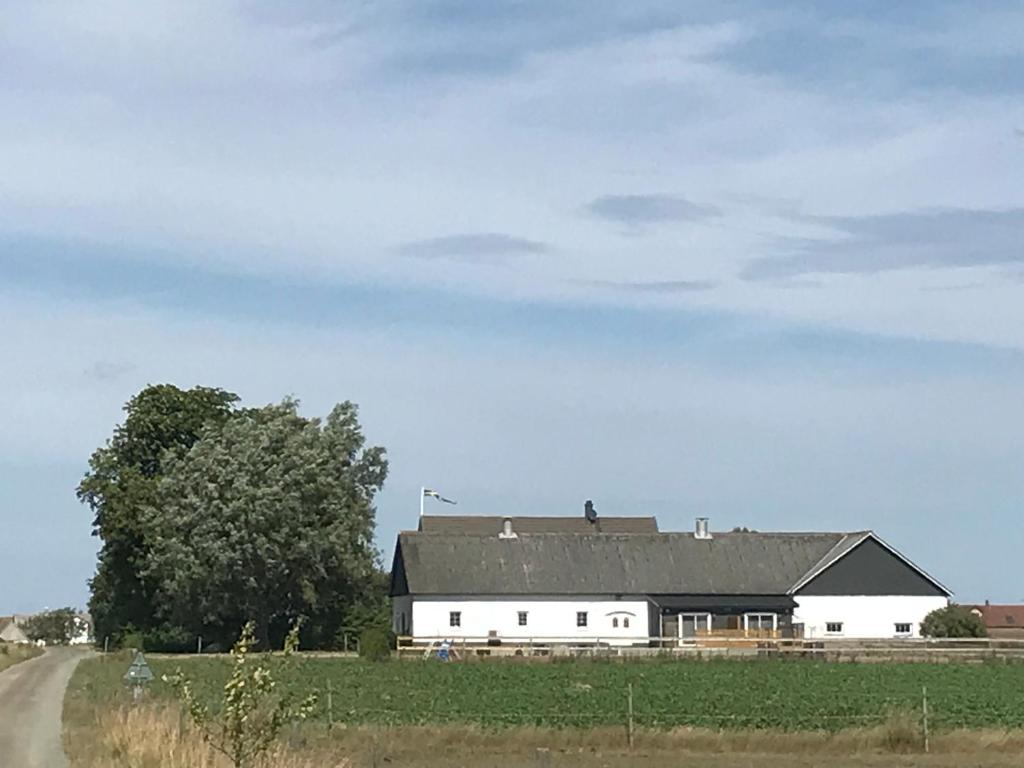 a white barn with a black roof in a field at Smultronstallet Gårdshotell in Valleberga