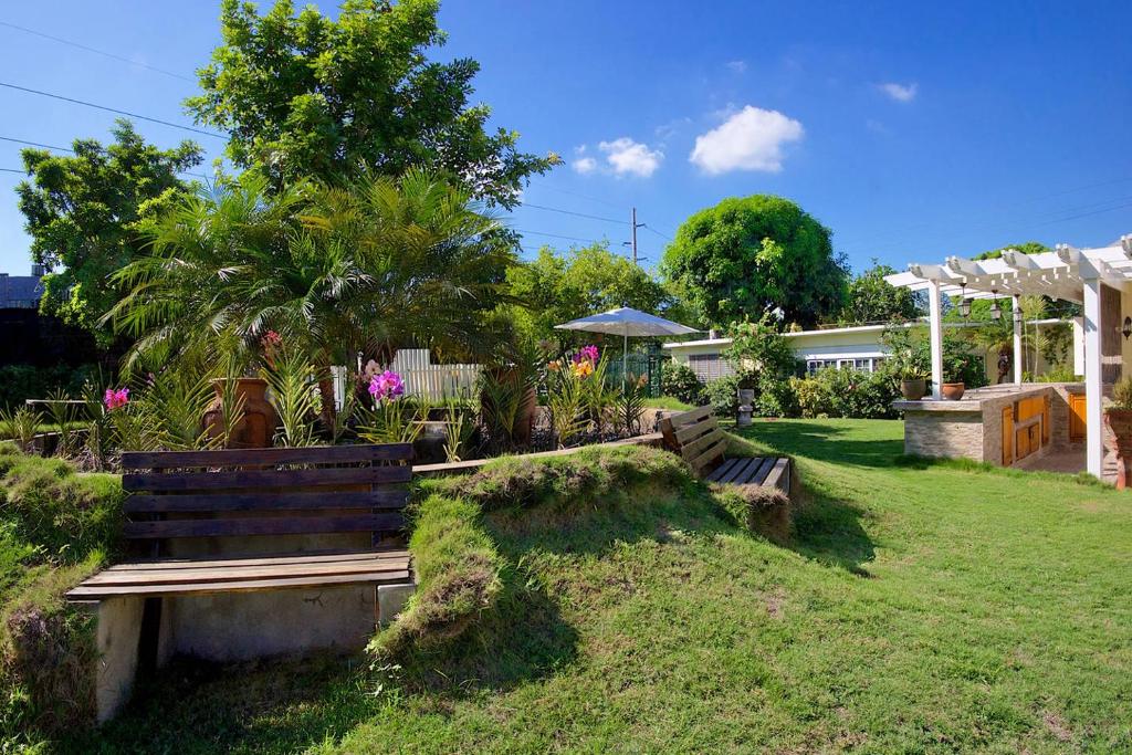 un jardín con un banco de madera en un patio en Kingston Cottage en Kingston