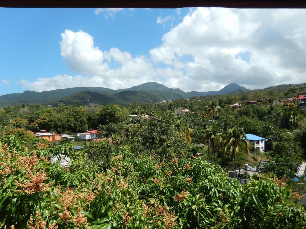 uma vista para uma aldeia com montanhas ao fundo em Locat dépôt em Bouillante